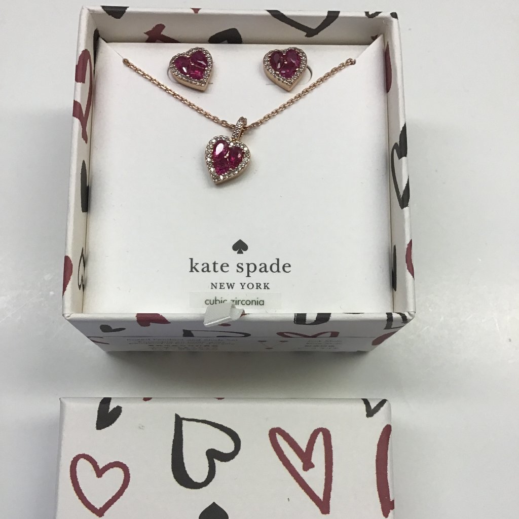 Kate Spade New Boxed Shocking Pink Heart Necklace And Studs